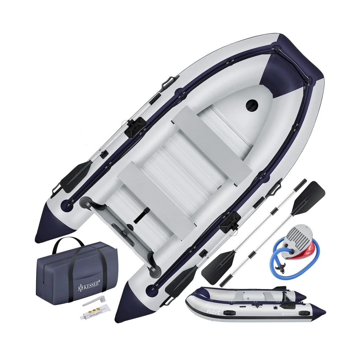 KESSER® Inflatable Boat 3.20 m for 4 People - Wave Motor Suitable Leisure Boat Paddle Boat Motor Boat Fishing Boat - with 2 Benches - Aluminium Base Paddle Pump Repair Kit & Bag Inflatable PVC