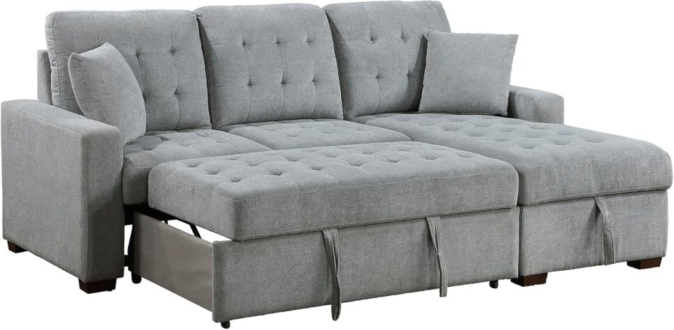 Sleeper Sofa, L Shape Sectional Couch with Right Storage Chaise and Pull Out Sofa Bed, Grey