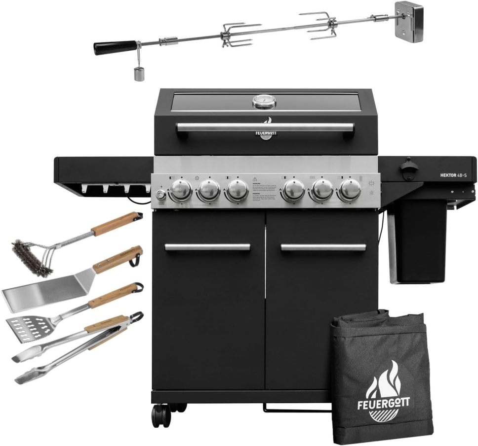 Fire God Hector 4B-S Gas Grill, including rotisserie, lid - all-inclusive, comes with 4 grilling utensils - 4 burners, grill burner, cast iron grate, back burner, side burner for garden and patio