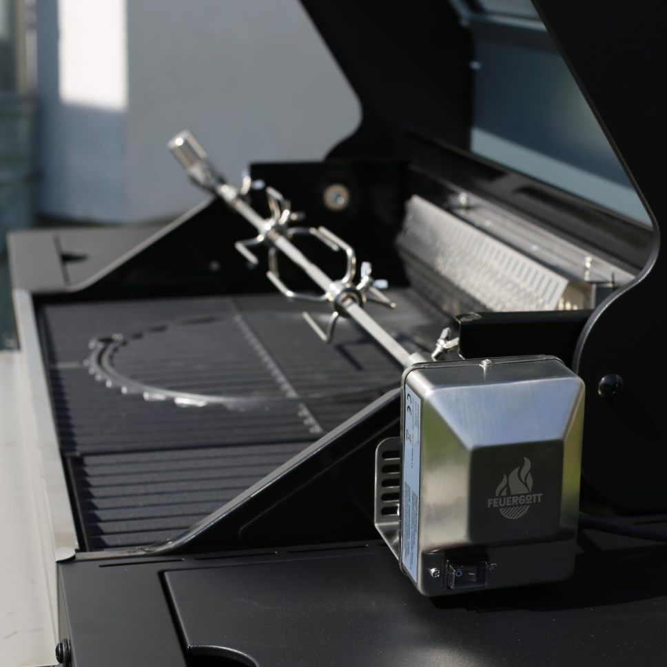 Fire God Hector 4B-S Gas Grill, including rotisserie, lid - all-inclusive, comes with 4 grilling utensils - 4 burners, grill burner, cast iron grate, back burner, side burner for garden and patio