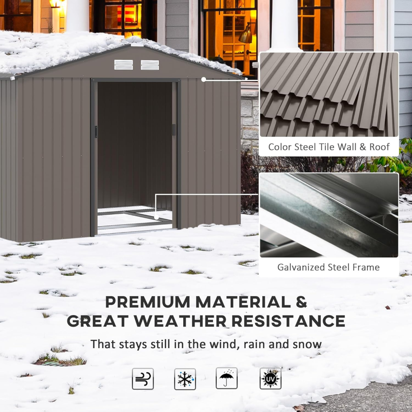 Outsunny 9 x 6ft Garden Metal Storage Shed, Outdoor Storage Tool House with Ventilation Slots, Floor Foundation and Lockable Double Doors, Light Green