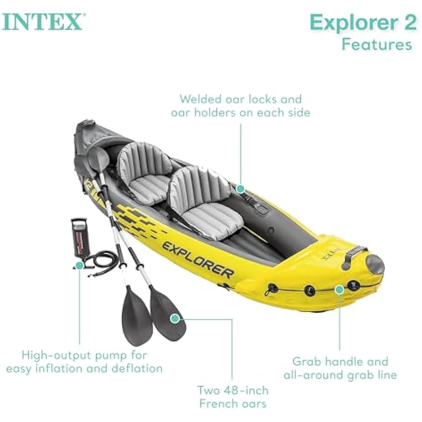 Intex 68307EP Explorer K2 Inflatable Kayak Set: Includes Deluxe 86in Aluminum Oars and High-Output Pump – SuperStrong PVC – Adjustable Seats with Backrest – 2-Person – 400lb Weight Capacity
