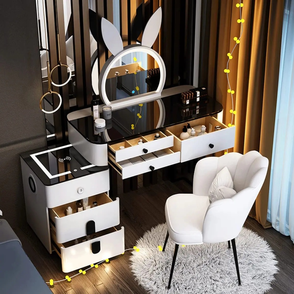 Makeup Vanity Desk Set. With 3 Color LED Lights Mirror. With Cushioned Stool. for Family Bedroom. for Her (120CM/47.2IN)