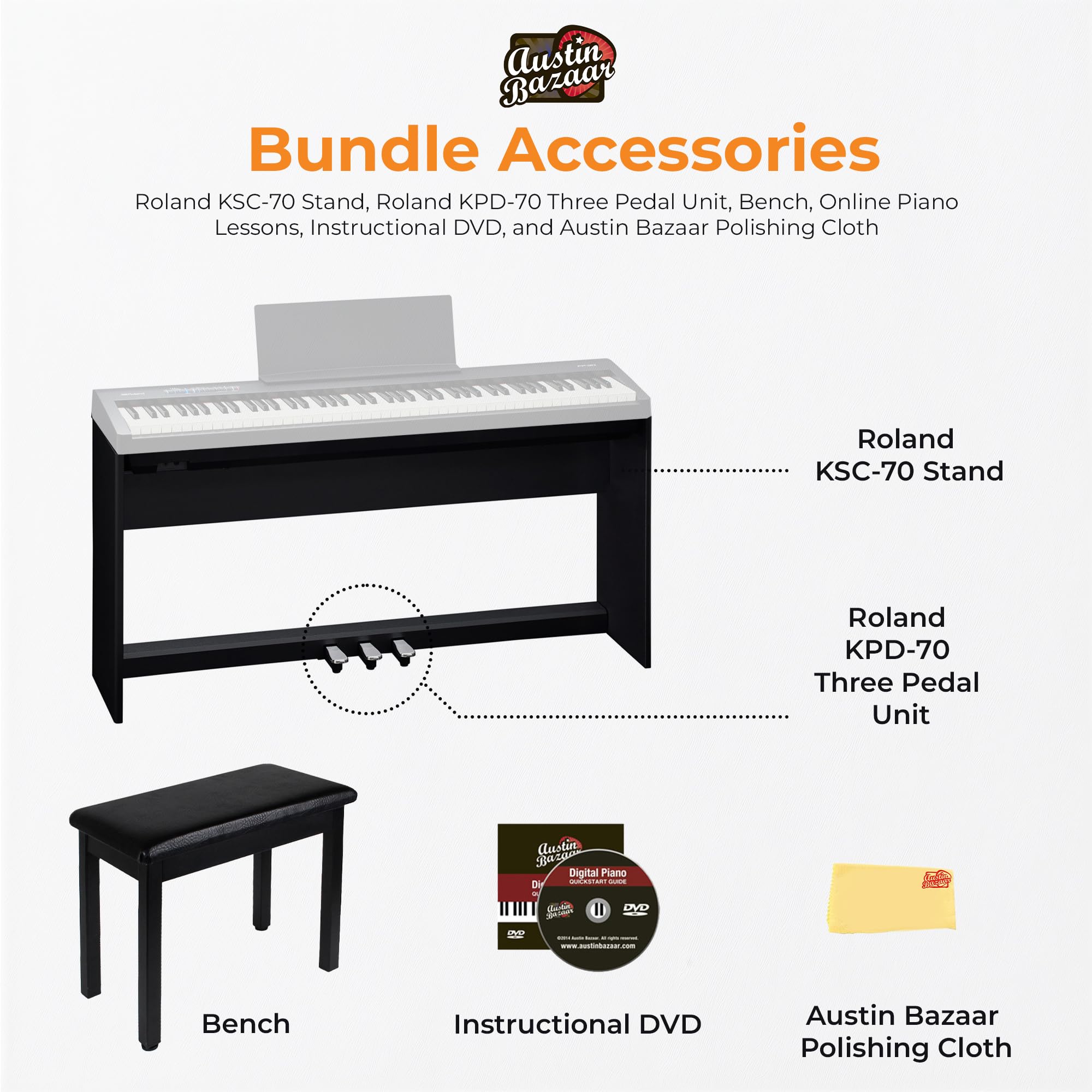 Roland FP-10 Digital Piano - Black Bundle with KSC-FP10 Stand, Bench, Sustain Pedal, Instructional Book, Online Lessons, Instructional DVD, and Austin Bazaar Polishing Cloth