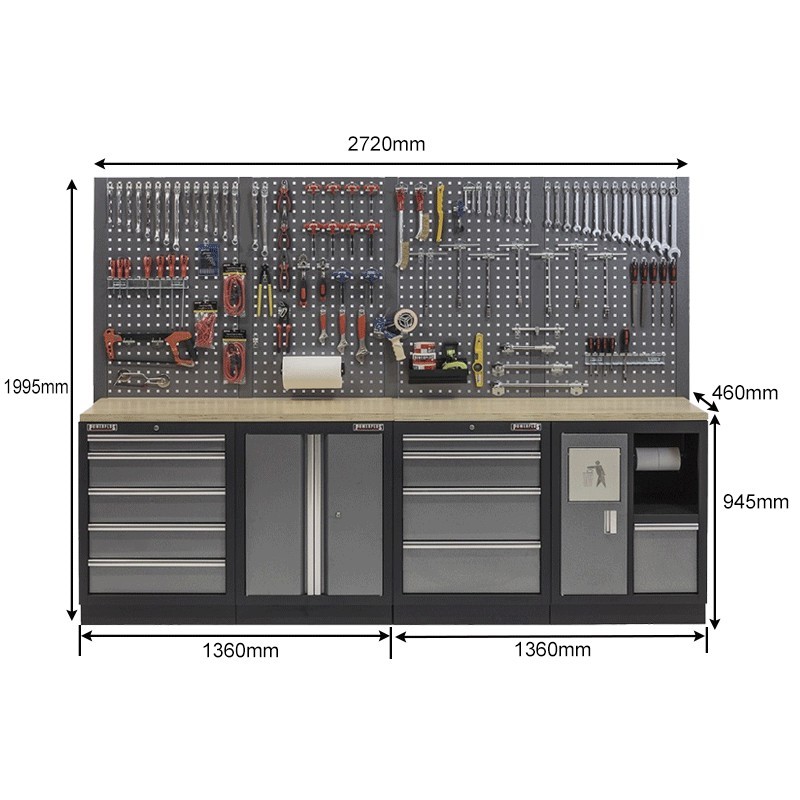 Workshop set with hardwood worktop, pegboard, tool cabinet - 10 drawers - workshop equipment 272 x 46 x 94.5 / 199.5 cm