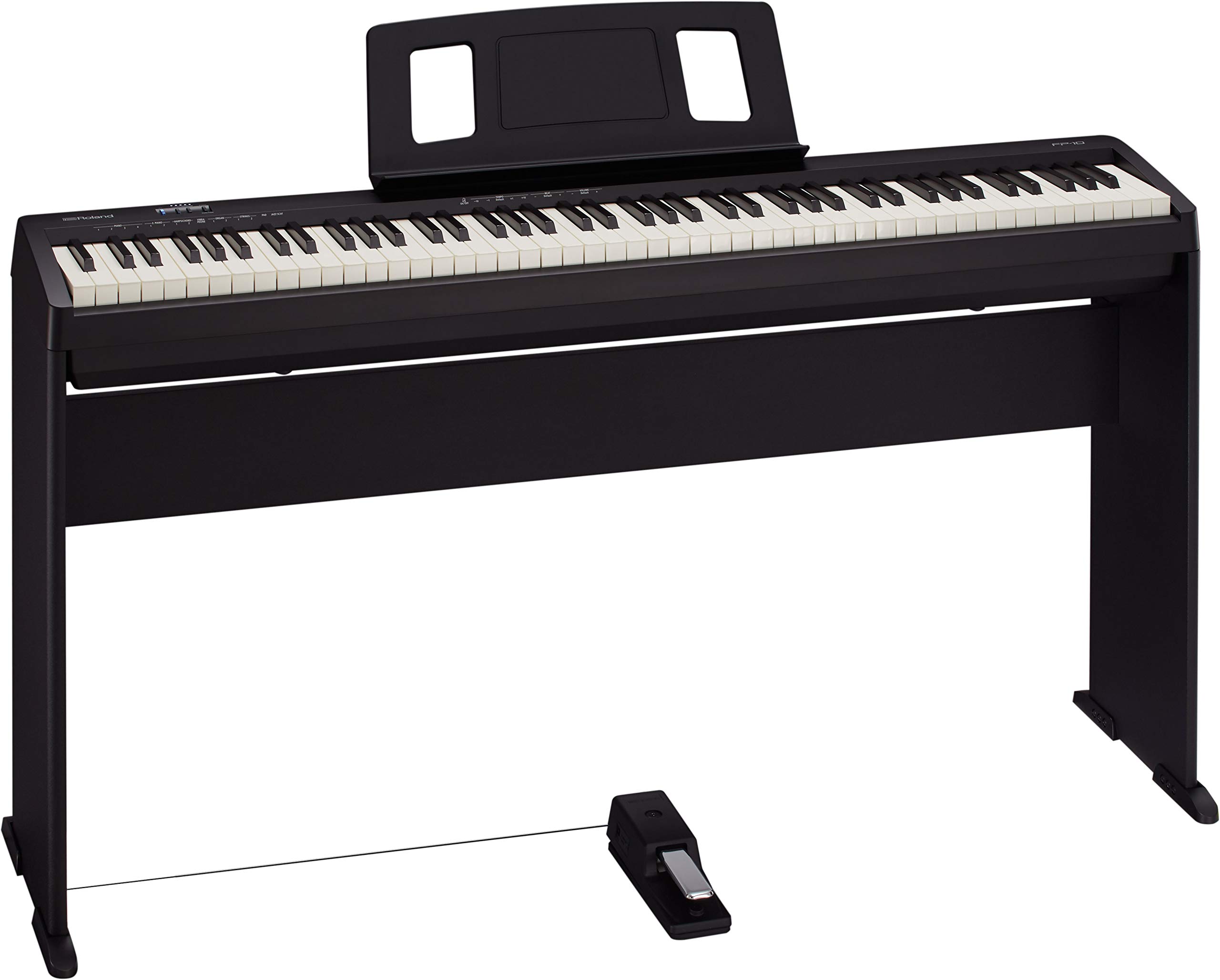 Roland FP-10 Digital Piano - Black Bundle with KSC-FP10 Stand, Bench, Sustain Pedal, Instructional Book, Online Lessons, Instructional DVD, and Austin Bazaar Polishing Cloth