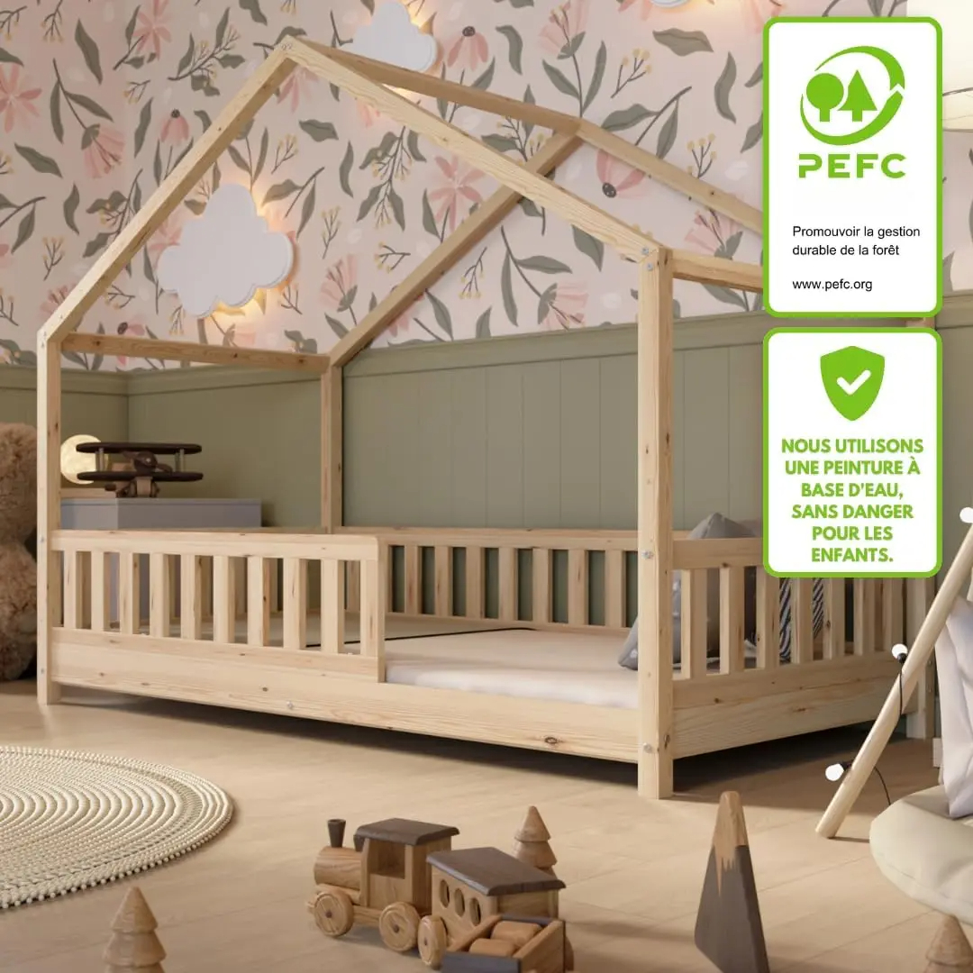 Crazy Pine Cabin Bed 160x80 cm – Natural Wood Children's Bed with Barrier – Montessori Floor Bed with Height-Adjustable Legs and Removable Barrier - Crazy House
