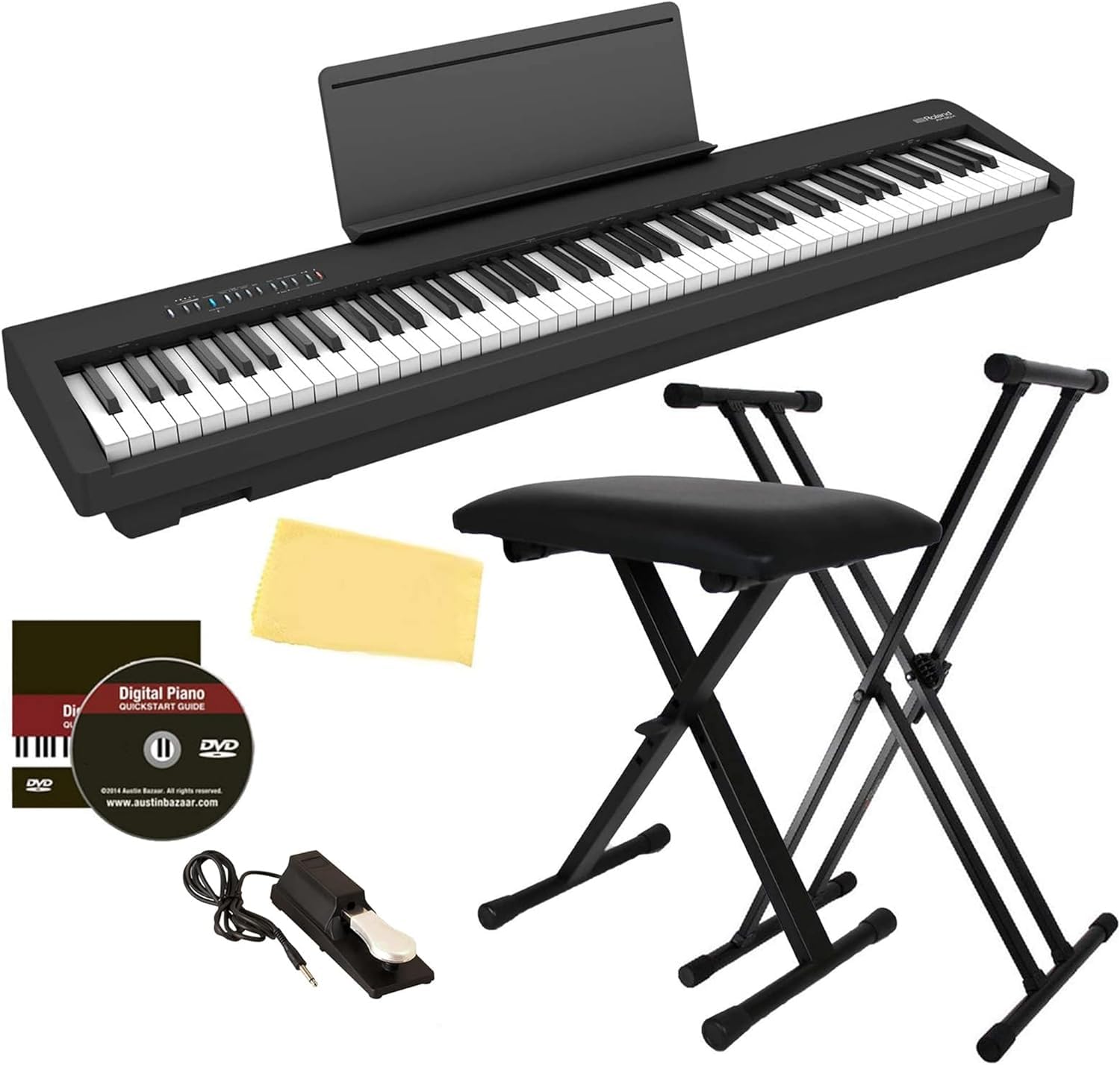 Roland FP-10 Digital Piano - Black Bundle with KSC-FP10 Stand, Bench, Sustain Pedal, Instructional Book, Online Lessons, Instructional DVD, and Austin Bazaar Polishing Cloth