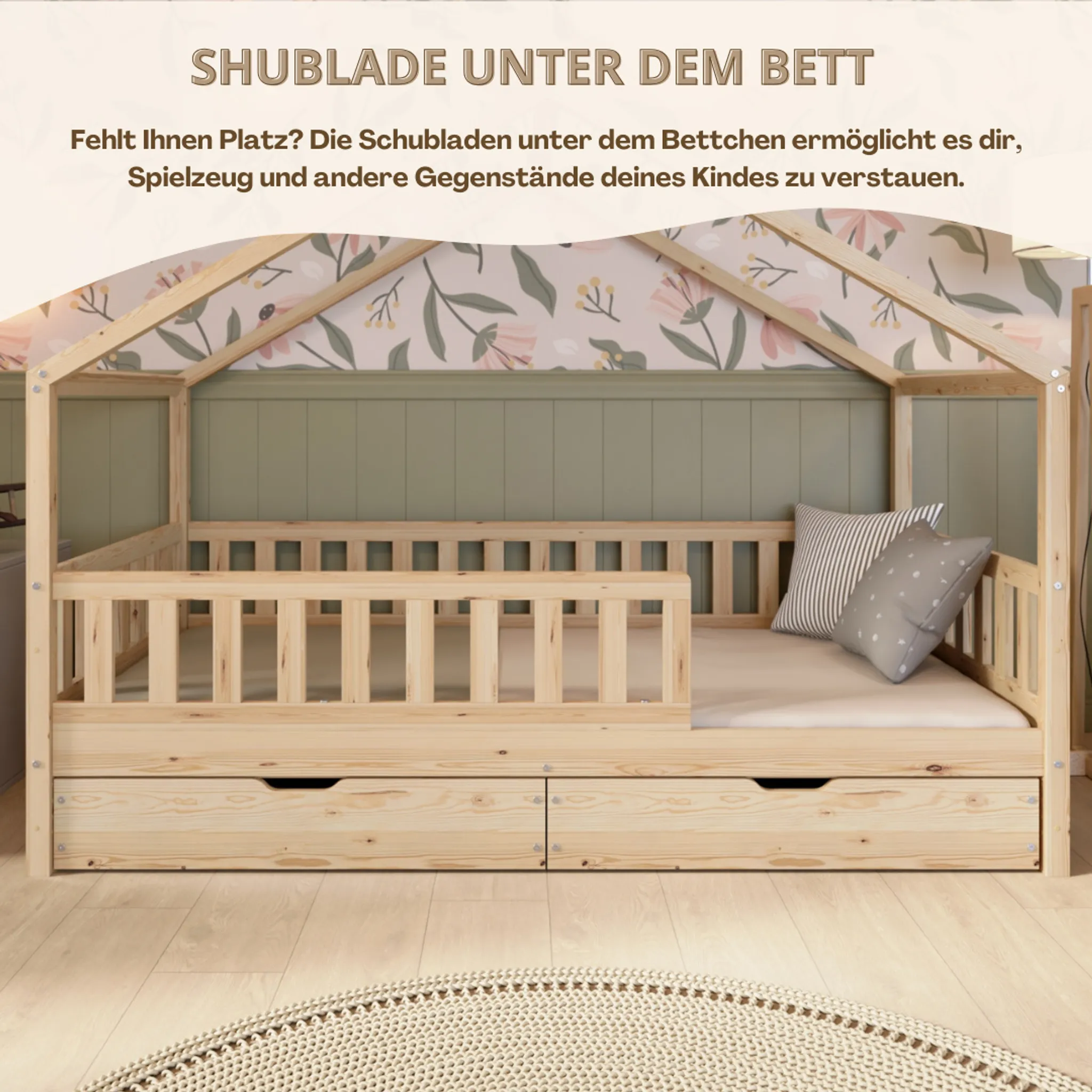 Crazy Pine House Bed with Drawers 80x160 cm – Children's Bed Made of Natural Wood – Floor Bed with Storage and Removable Barrier - Crazy House
