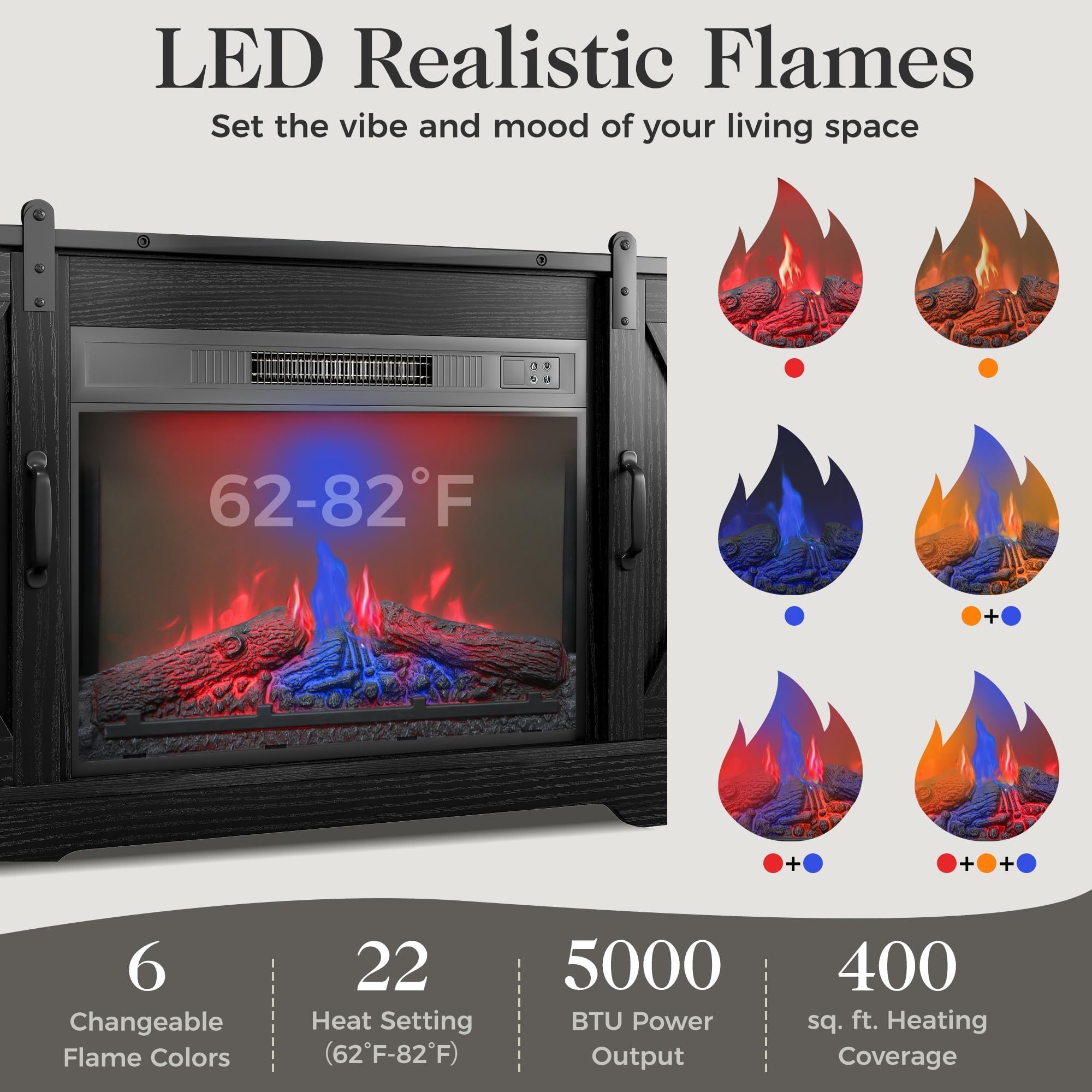 RoyalCraft Farmhouse Fireplace TV Stand for 65+ Inch TV, Entertainment Center with 23 Electric Fireplace with Remote, 34 Modern Rustic TV Console with Sliding Bar Door for Living Room