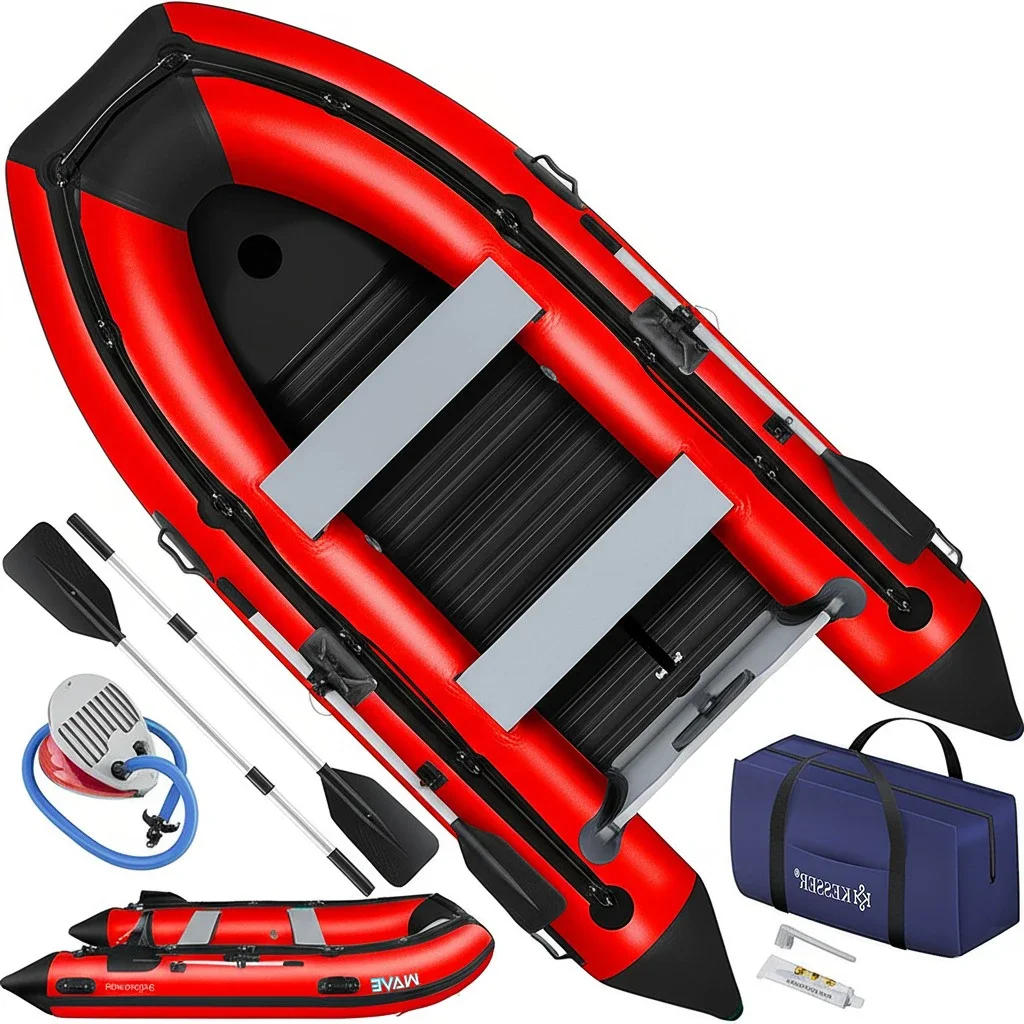KESSER® Inflatable Boat 3.20 m for 4 People - Wave Motor Suitable Leisure Boat Paddle Boat Motor Boat Fishing Boat - with 2 Benches - Aluminium Base Paddle Pump Repair Kit & Bag Inflatable PVC