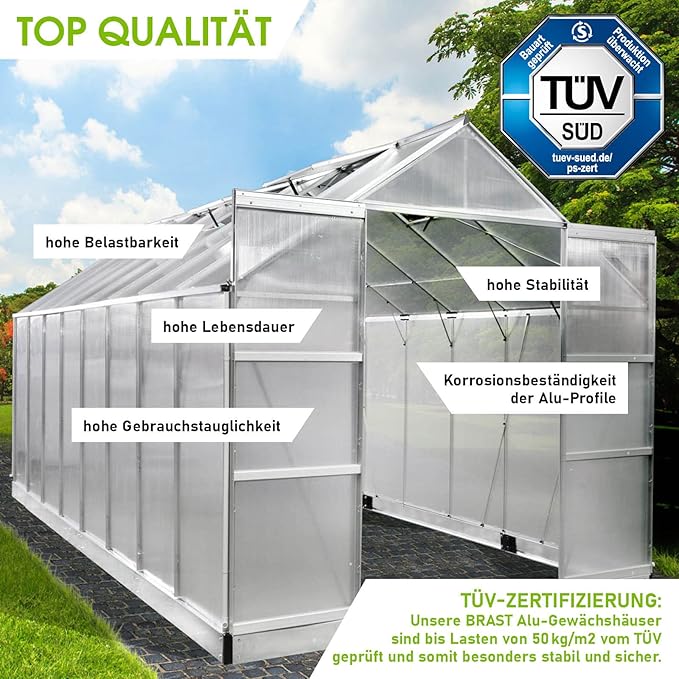 BRAST Premium Aluminum Greenhouse with Base – Weatherproof, Rustproof, TÜV Certified, Multiple Sizes Available