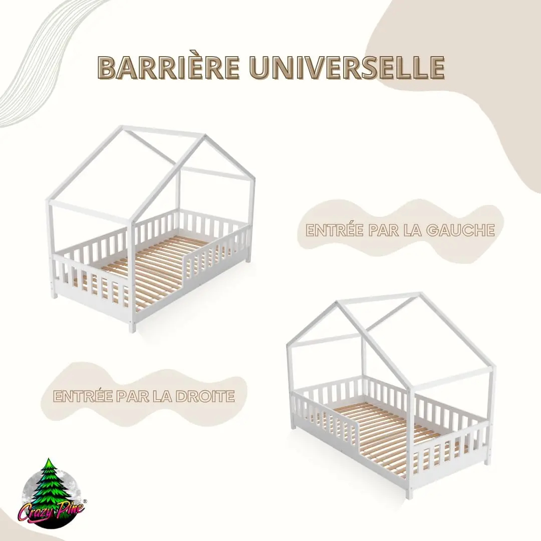 Crazy Pine Cabin Bed 160x80 cm – Natural Wood Children's Bed with Barrier – Montessori Floor Bed with Height-Adjustable Legs and Removable Barrier - Crazy House