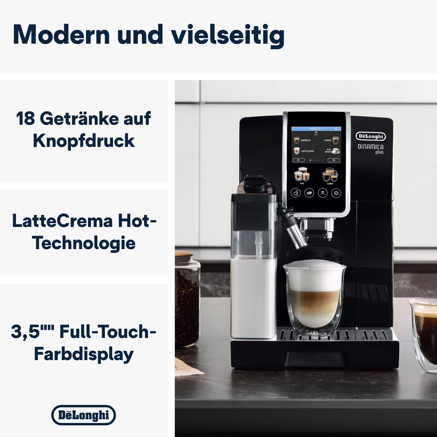 De'Longhi Dinamica Plus ECAM382.70.B, Fully Automatic Coffee Maker for Coffee Beans, Cappuccino Machine with LatteCrema Hot, Espresso Machine with 18 Recipes, 3.5 Inch TFT Display