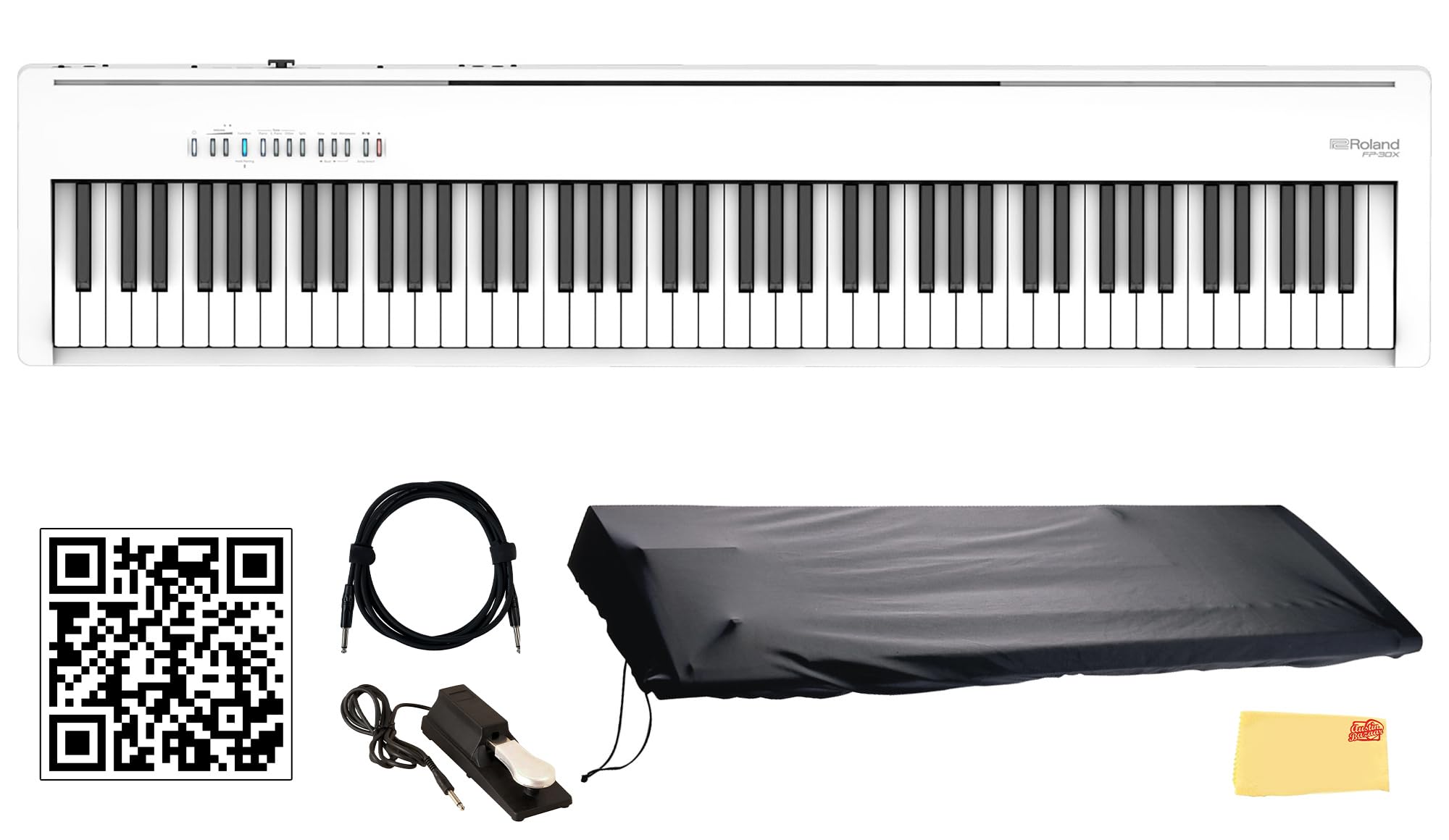 Roland FP-10 Digital Piano - Black Bundle with KSC-FP10 Stand, Bench, Sustain Pedal, Instructional Book, Online Lessons, Instructional DVD, and Austin Bazaar Polishing Cloth
