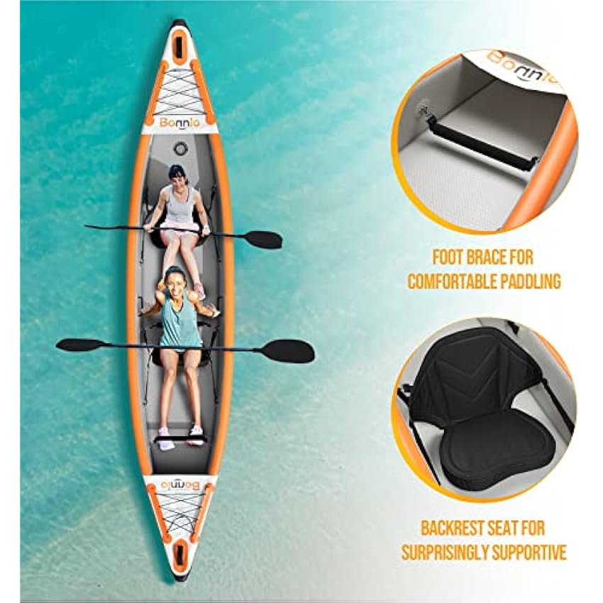 Bonnlo Inflatable Kayak Foldable Kayak for Adults Blow Up Kayaks with Seats, Foot Pedal, 7.6ft Aluminum Oars, Output - Input Air Pump for 1 Person, 2 Person, 2 Plus 1 Child, Easily Track, Dropstitch