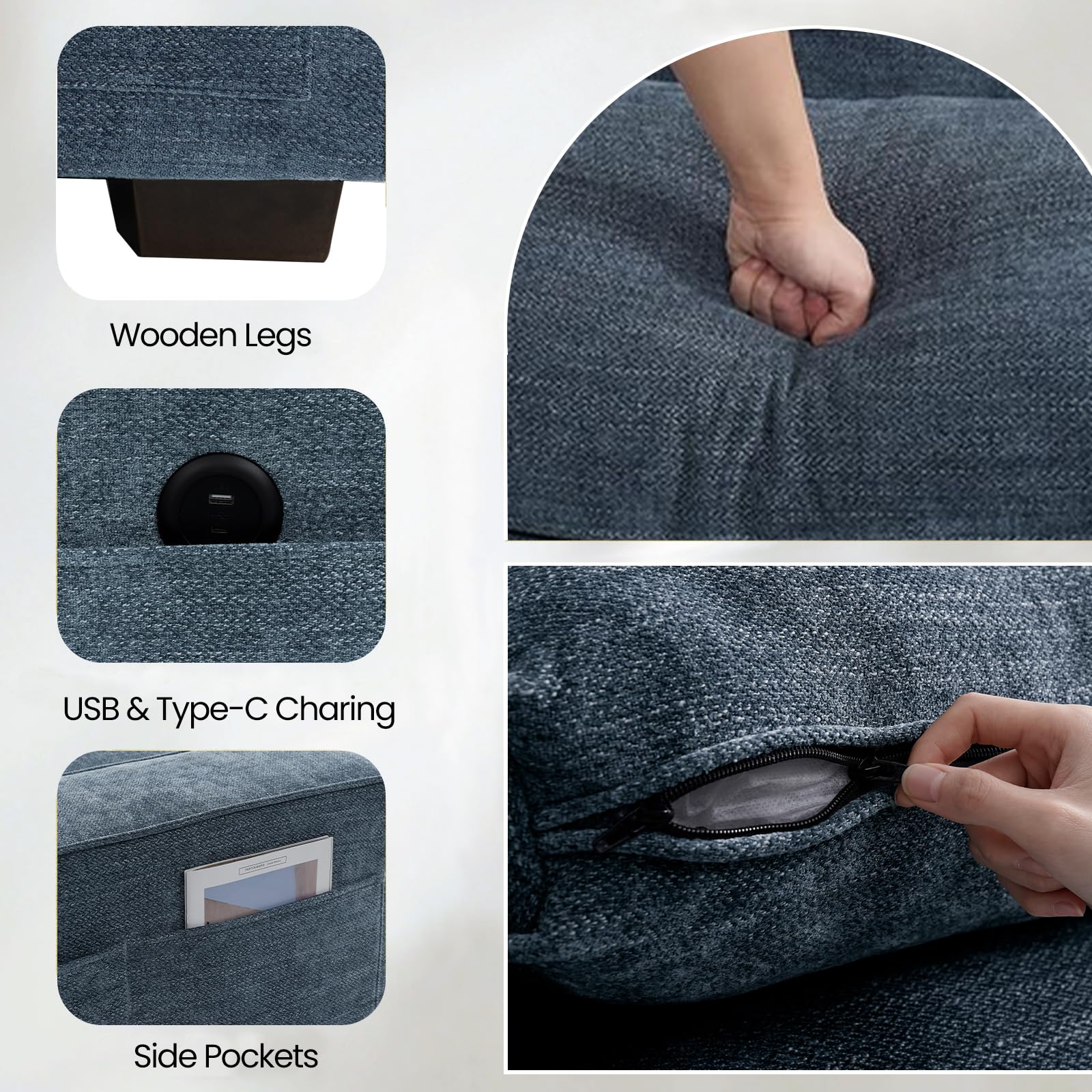 TEKAMON 100 Modular Sectional Sofa with Seats Storage, L Shaped Couch with Movable Ottoman, Chenille Fabric Couch for Living Room, Office, Apart W/Deep Seat, USB Charging,Removable Cover