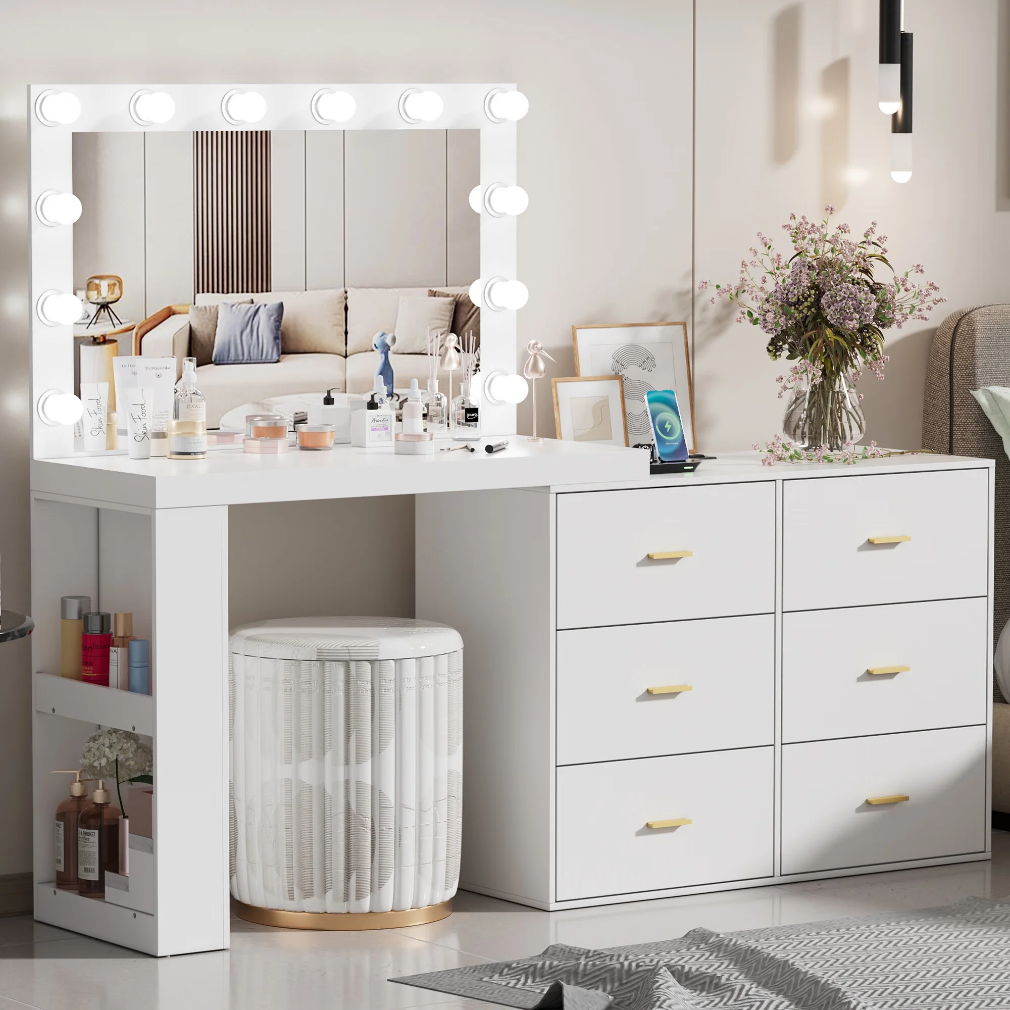 PAKASEP Makeup Vanity Desk with Mirror. 3-Color Lights. Charging Station. 6 Drawers. and Side Storage Shelves for Bedroom. White Vanity Dressing Table