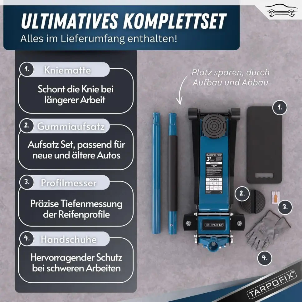 Tarpofix® Hydraulic Jack 3t (75-505mm Lifting Height) | Premium Twin Cylinder Jack | Flat hydraulic jack for SUVs and low-profile vehicles