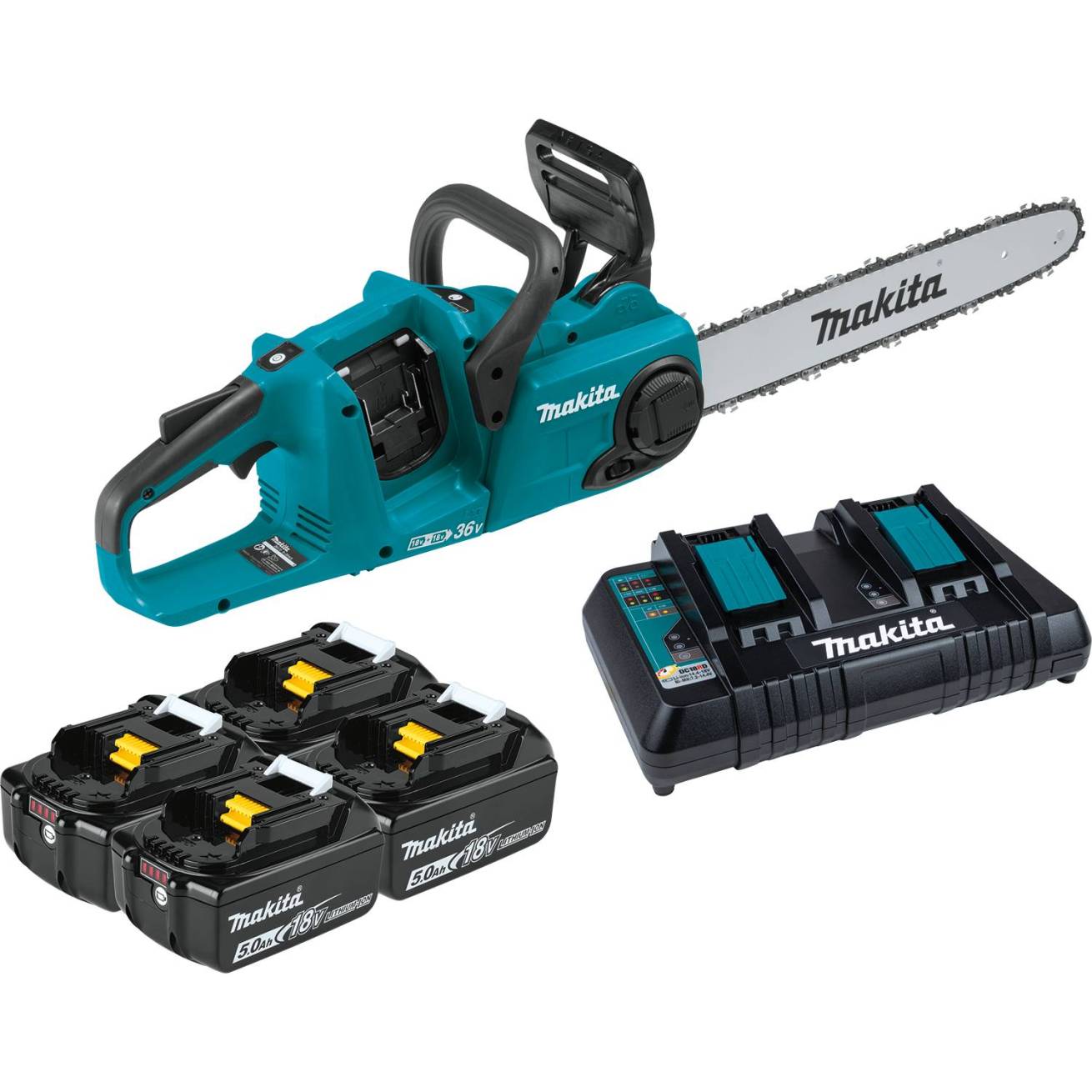 Makita XCU04PT 36V (18V X2) LXT Brushless 16 Chain Saw Kit with 4 Batteries (5.0Ah)