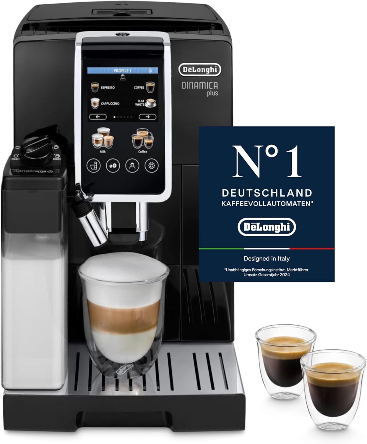 De'Longhi Dinamica Plus ECAM382.70.B, Fully Automatic Coffee Maker for Coffee Beans, Cappuccino Machine with LatteCrema Hot, Espresso Machine with 18 Recipes, 3.5 Inch TFT Display