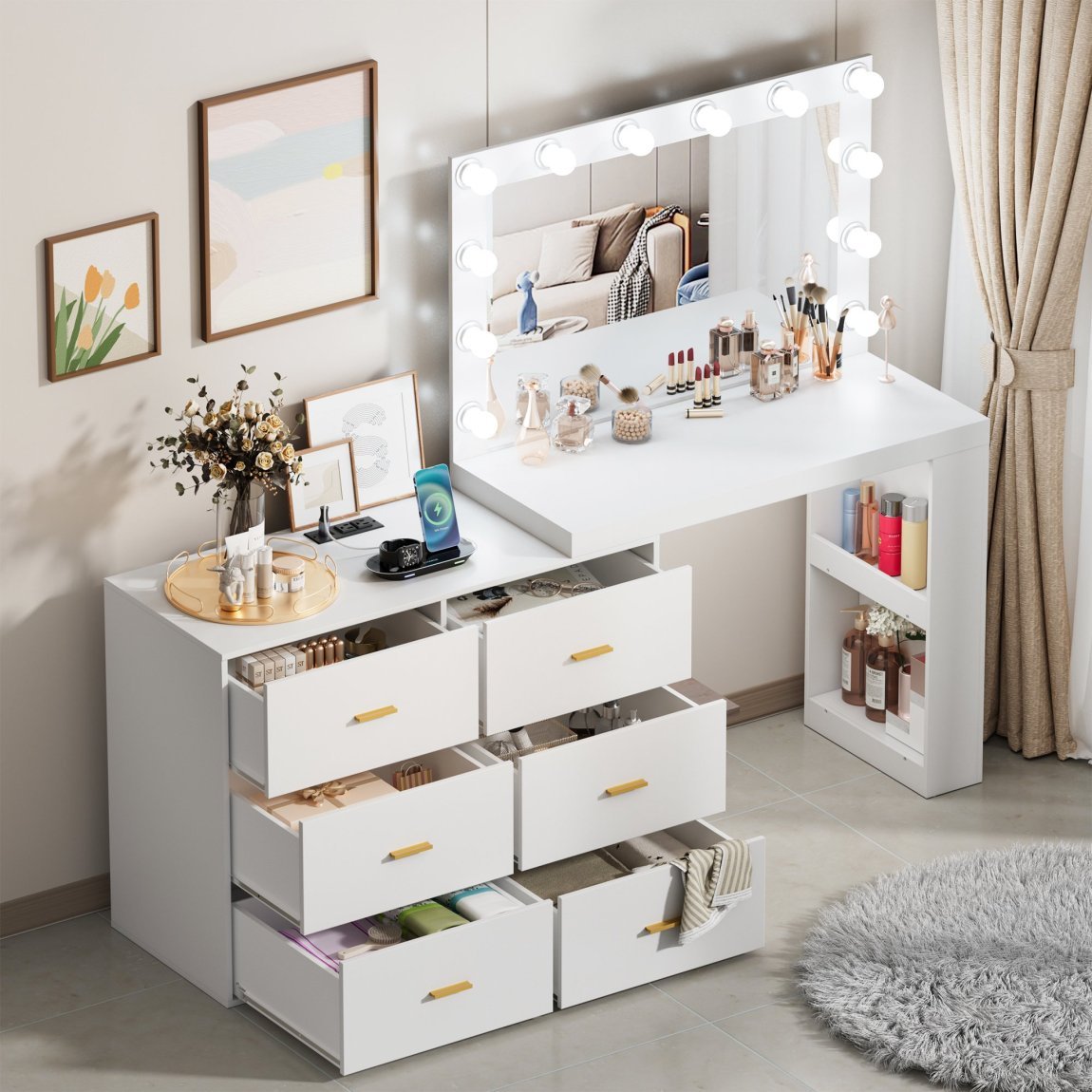 PAKASEP Makeup Vanity Desk with Mirror. 3-Color Lights. Charging Station. 6 Drawers. and Side Storage Shelves for Bedroom. White Vanity Dressing Table