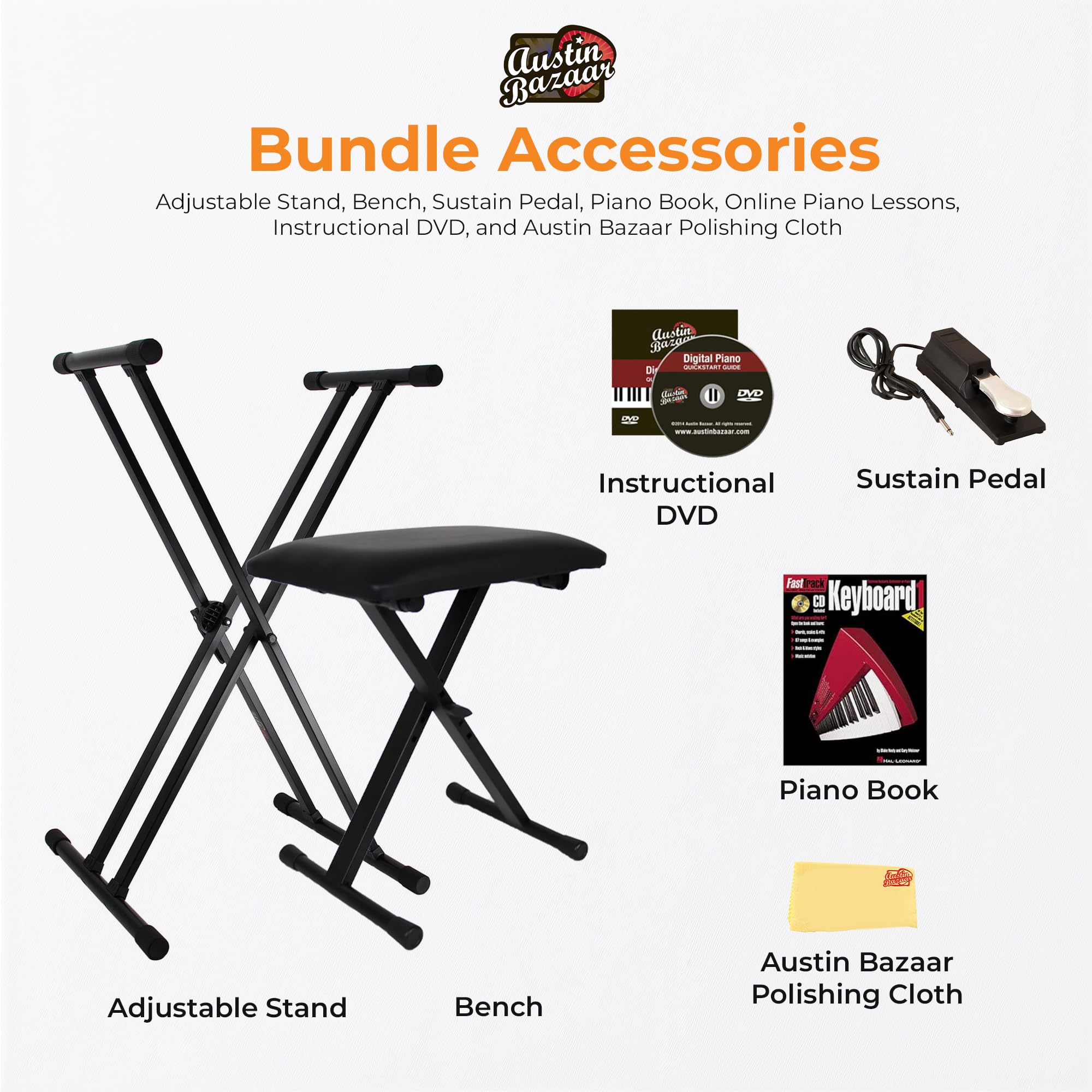 Roland FP-10 Digital Piano - Black Bundle with KSC-FP10 Stand, Bench, Sustain Pedal, Instructional Book, Online Lessons, Instructional DVD, and Austin Bazaar Polishing Cloth