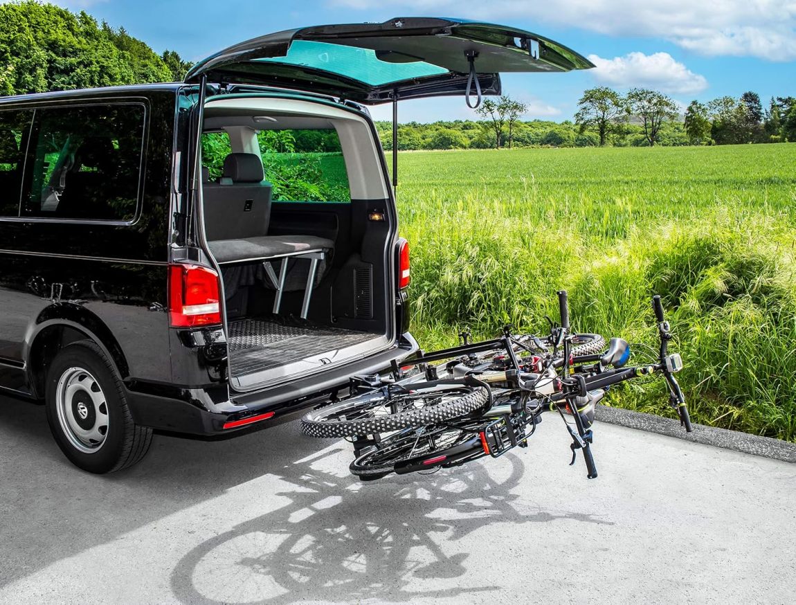 EUFAB 11523 Premium 2 Plus Bicycle Carrier, Suitable for E-Bikes, Large Tailgates, Fully Pre-Assembled, Anti-Theft Protection, for 2 Bicycles, for Trailer Coupling, Black/Grey, W x H x D Approx. 115 x