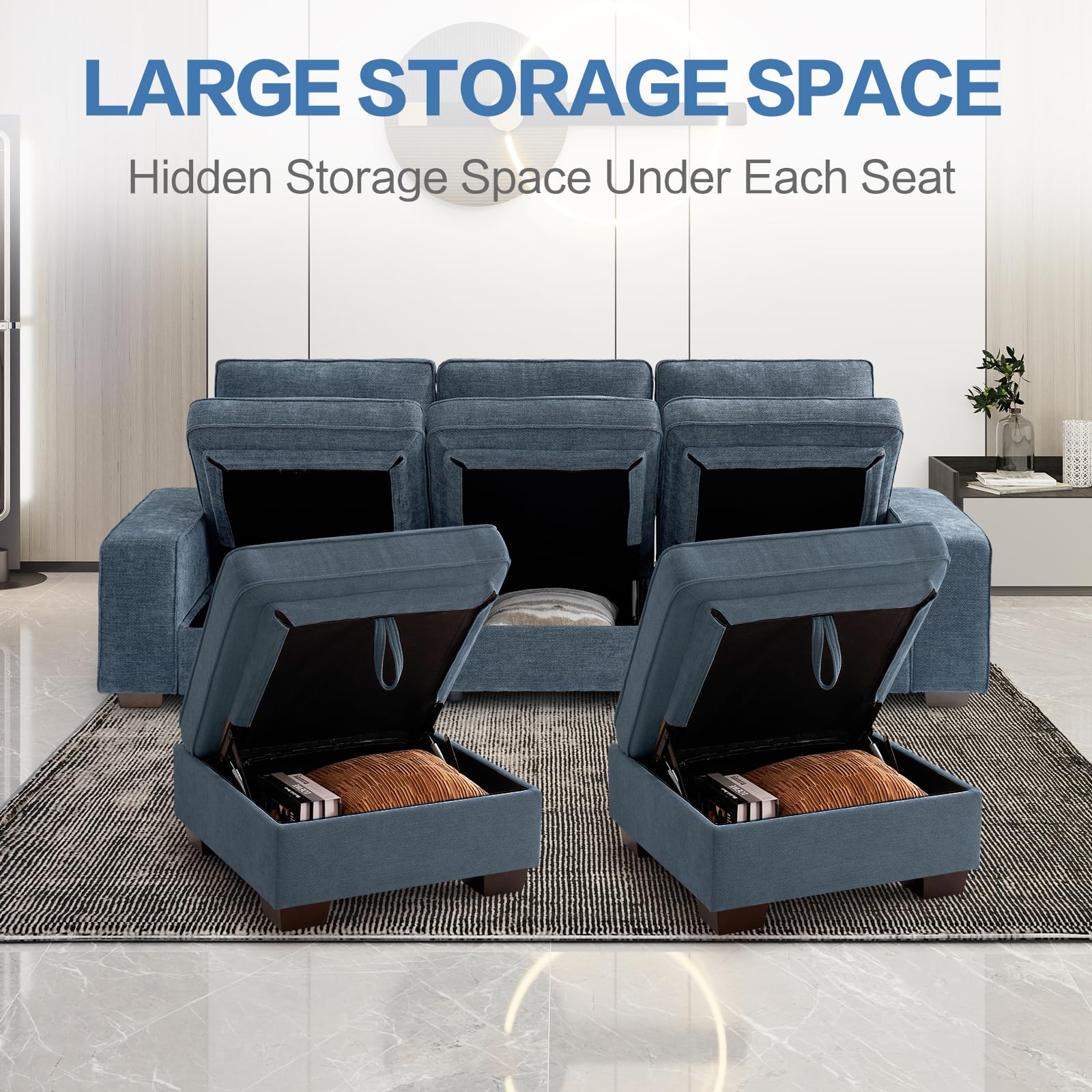 TEKAMON 100 Modular Sectional Sofa with Seats Storage, L Shaped Couch with Movable Ottoman, Chenille Fabric Couch for Living Room, Office, Apart W/Deep Seat, USB Charging,Removable Cover