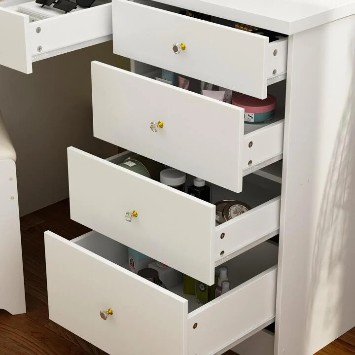 Vanity Stool Set With Sliding Lighted Mirror & Transparent glass panel