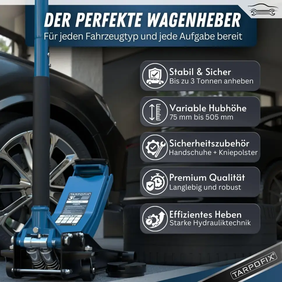 Tarpofix® Hydraulic Jack 3t (75-505mm Lifting Height) | Premium Twin Cylinder Jack | Flat hydraulic jack for SUVs and low-profile vehicles