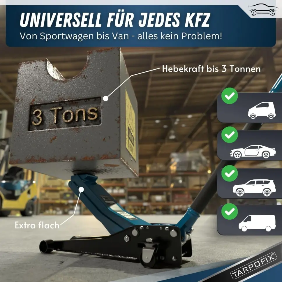 Tarpofix® Hydraulic Jack 3t (75-505mm Lifting Height) | Premium Twin Cylinder Jack | Flat hydraulic jack for SUVs and low-profile vehicles