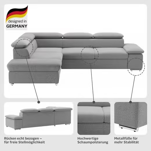 Valantine L-shaped corner sofa (Luxury microfiber ALTARA NUBUCK® with bed function)