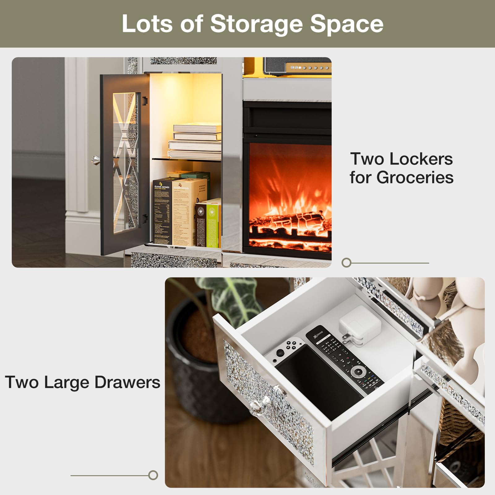 Mirrored Electric Fireplace TV Stand,Silver Glass TV Stand with and Storage Cabinet,Faux Fireplace Mantel, Freestanding Firebox with 3D Realistic Flame and 7 Colors for Living Room and Bedroom