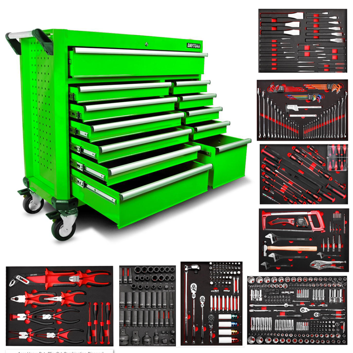 Daytona 655 Piece Mechanical Tool Set with 43 12 Drawer Red Roller Cabinet
