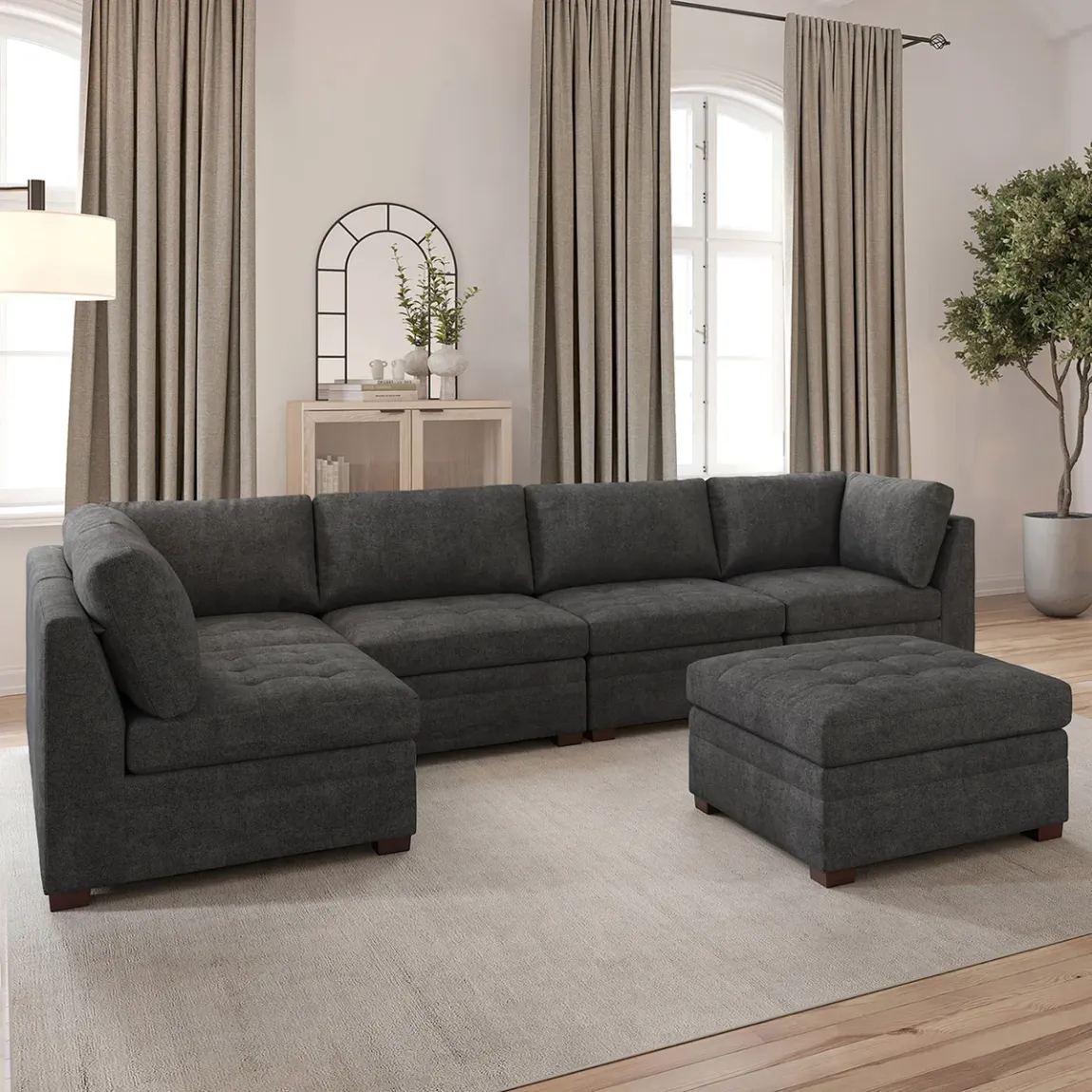 Thomasville Tisdale Modular Sectional 6-piece Beige/Gray with Storage Ottoman