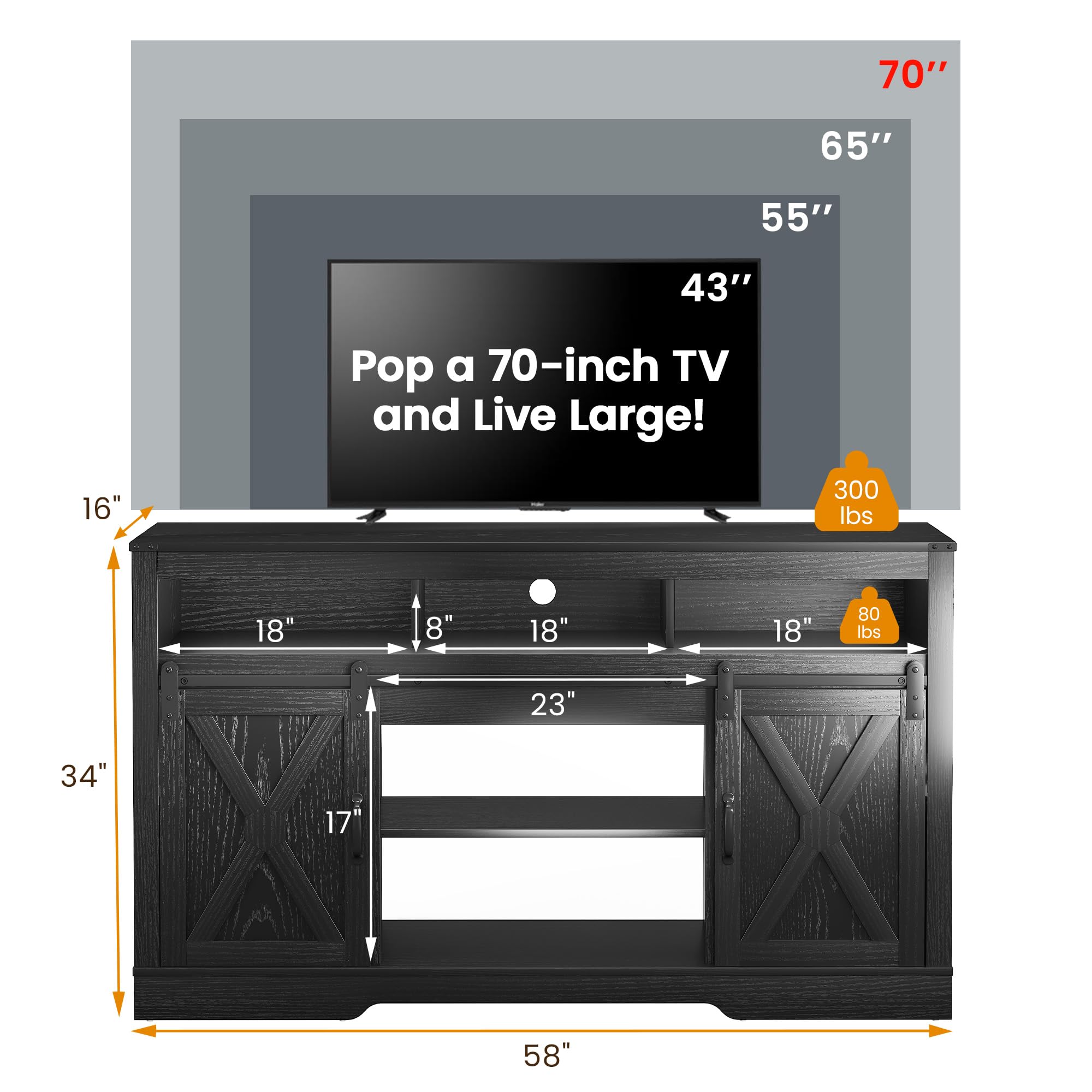 RoyalCraft Farmhouse Fireplace TV Stand for 65+ Inch TV, Entertainment Center with 23 Electric Fireplace with Remote, 34 Modern Rustic TV Console with Sliding Bar Door for Living Room