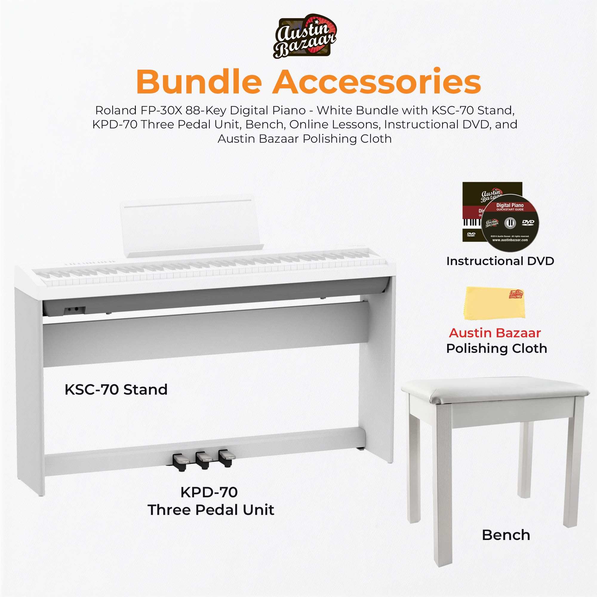 Roland FP-10 Digital Piano - Black Bundle with KSC-FP10 Stand, Bench, Sustain Pedal, Instructional Book, Online Lessons, Instructional DVD, and Austin Bazaar Polishing Cloth