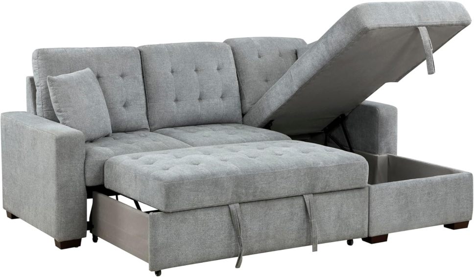Sleeper Sofa, L Shape Sectional Couch with Right Storage Chaise and Pull Out Sofa Bed, Grey