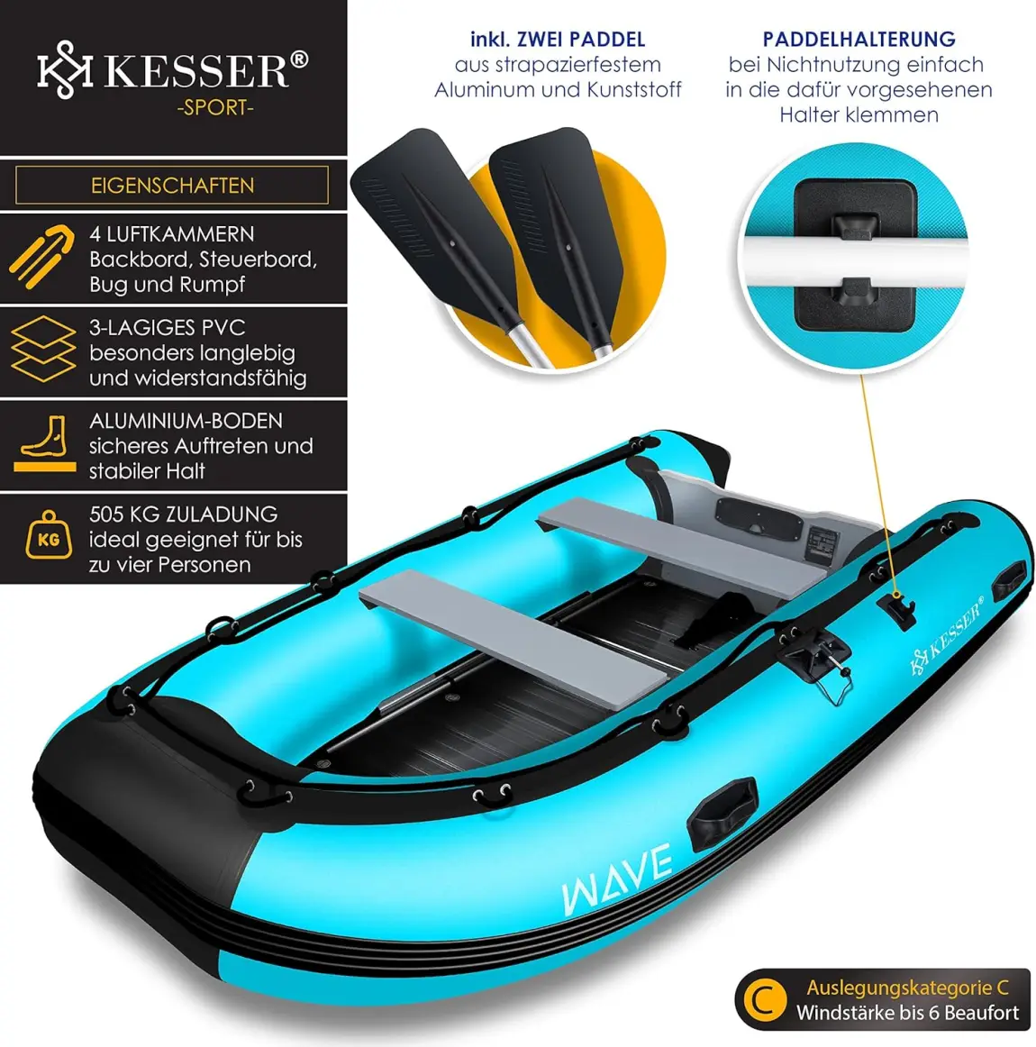 KESSER® Inflatable Boat 3.20 m for 4 People - Wave Motor Suitable Leisure Boat Paddle Boat Motor Boat Fishing Boat - with 2 Benches - Aluminium Base Paddle Pump Repair Kit & Bag Inflatable PVC