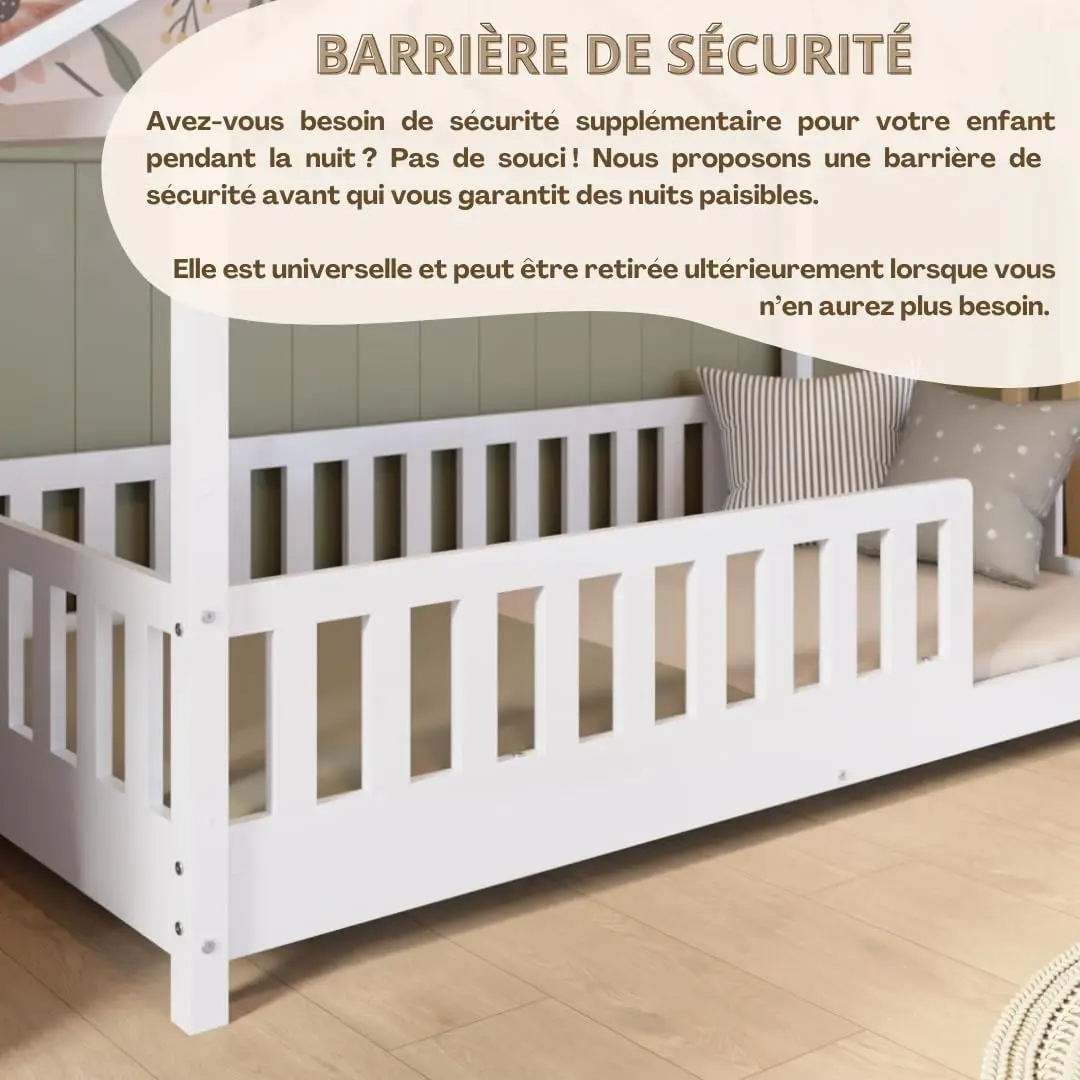 Crazy Pine Cabin Bed 160x80 cm – Natural Wood Children's Bed with Barrier – Montessori Floor Bed with Height-Adjustable Legs and Removable Barrier - Crazy House