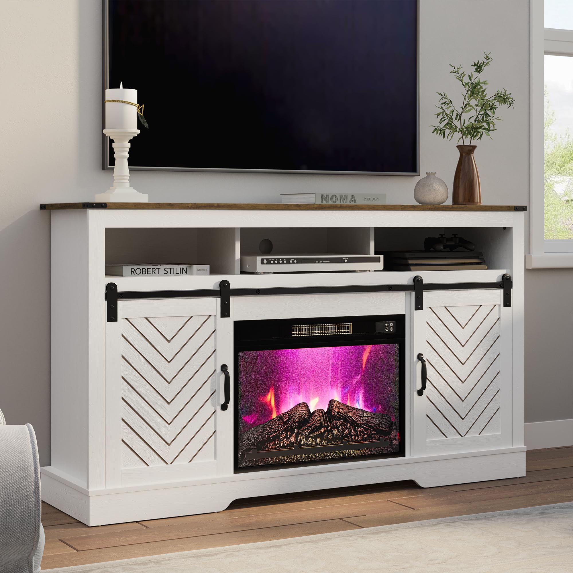 RoyalCraft Farmhouse Fireplace TV Stand for 65+ Inch TV, Entertainment Center with 23 Electric Fireplace with Remote, 34 Modern Rustic TV Console with Sliding Bar Door for Living Room