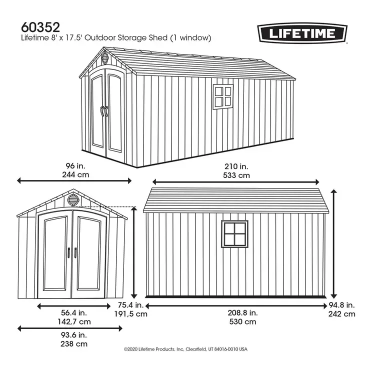 Lifetime 8ft x 17ft 5 (2.4 x 5.3m) Rough Cut Outdoor Storage Shed - Model 60352