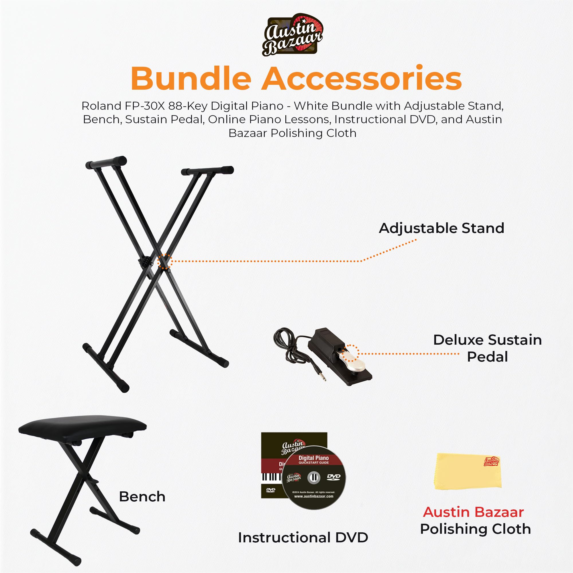 Roland FP-10 Digital Piano - Black Bundle with KSC-FP10 Stand, Bench, Sustain Pedal, Instructional Book, Online Lessons, Instructional DVD, and Austin Bazaar Polishing Cloth