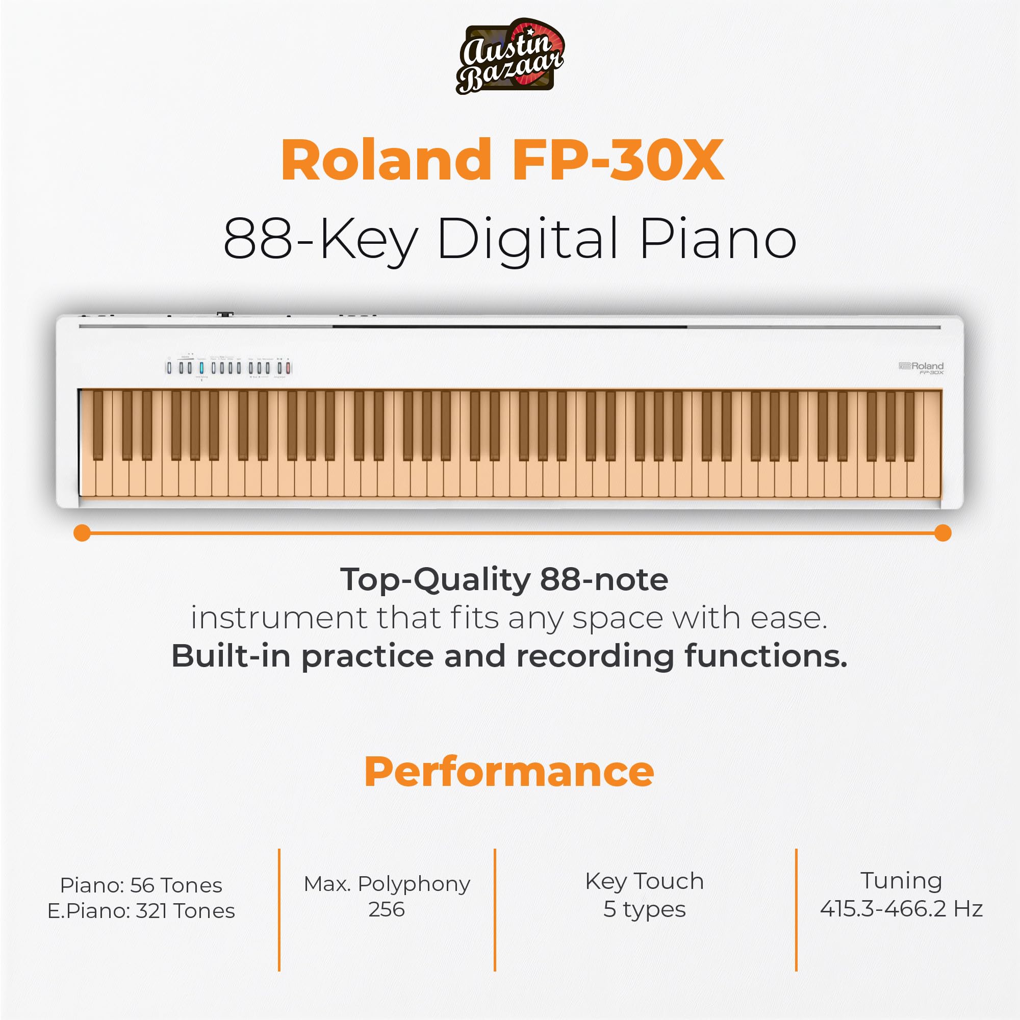 Roland FP-10 Digital Piano - Black Bundle with KSC-FP10 Stand, Bench, Sustain Pedal, Instructional Book, Online Lessons, Instructional DVD, and Austin Bazaar Polishing Cloth