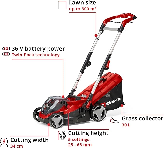 Power X-Change RASARRO 36/34 Cordless Lawnmower With Battery (x2) And Charger (x2) - 36V, 34cm Cutting Width, 30L Grass Box, 5 Cut Heights - Battery Lawn Mower For Lawns Up To 300m²