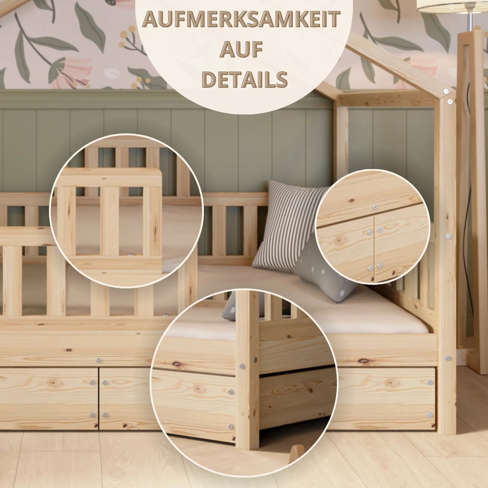 Crazy Pine House Bed with Drawers 80x160 cm – Children's Bed Made of Natural Wood – Floor Bed with Storage and Removable Barrier - Crazy House