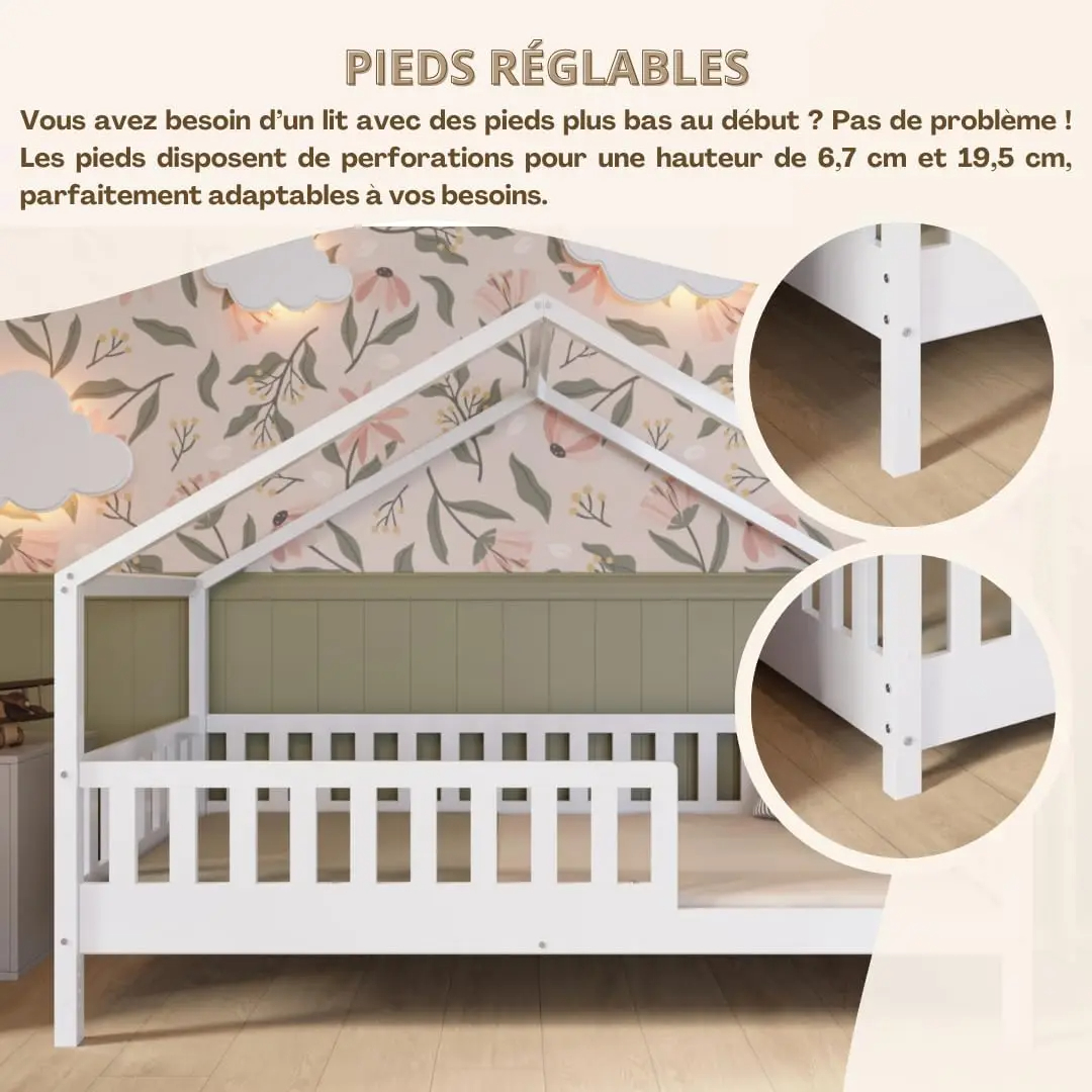 Crazy Pine Cabin Bed 160x80 cm – Natural Wood Children's Bed with Barrier – Montessori Floor Bed with Height-Adjustable Legs and Removable Barrier - Crazy House