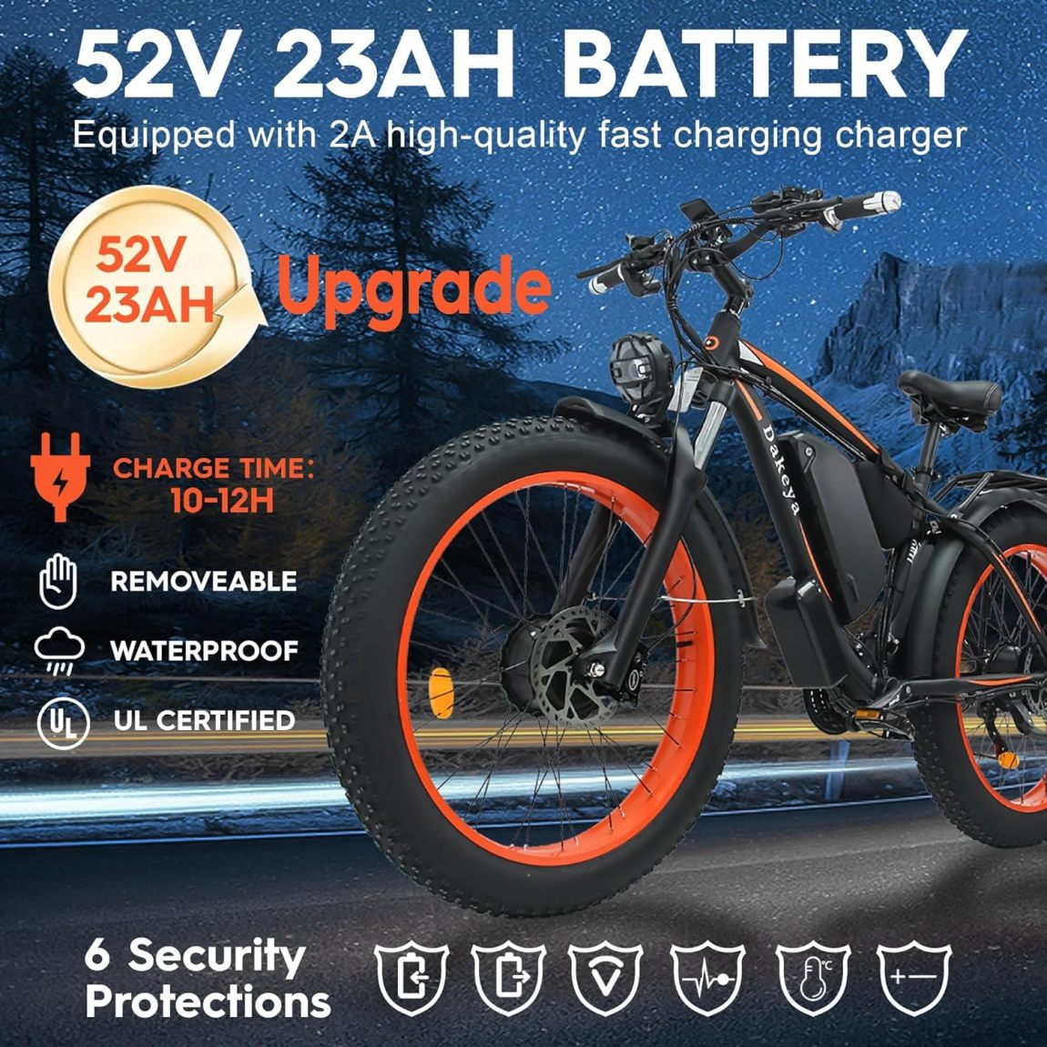 Dakeya Dual Motor Ebike,52V 23AH Battery Electric Bike for Adults AWD 2000W Peak 3600W,21-Speed 37MPH Mountain Snow Ebike with Removable,26 x 4.0 Fat Tire E-Bike with Cycling Pannier Bag
