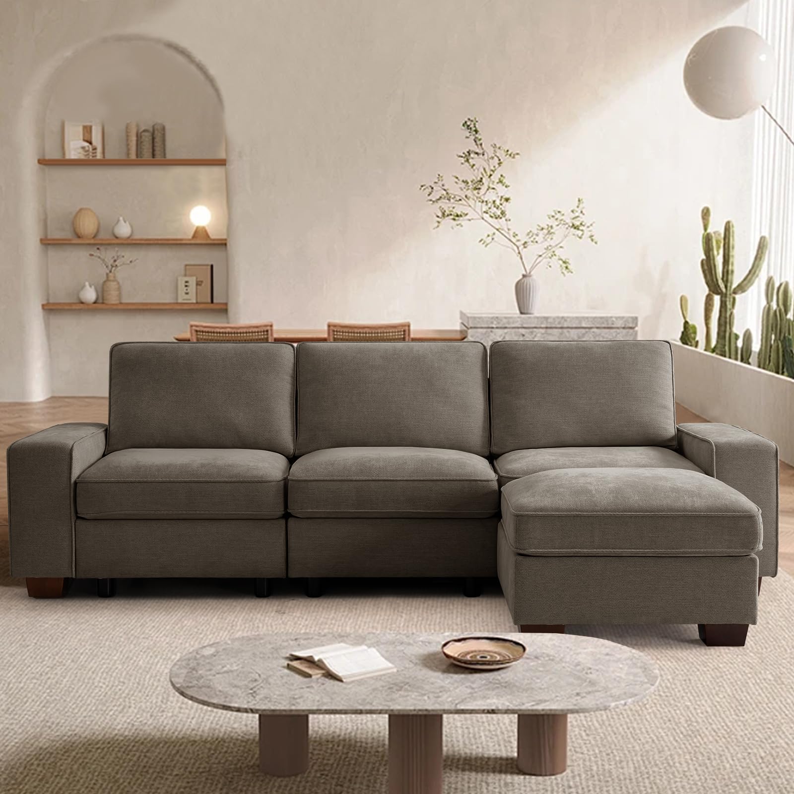 TEKAMON 100 Modular Sectional Sofa with Seats Storage, L Shaped Couch with Movable Ottoman, Chenille Fabric Couch for Living Room, Office, Apart W/Deep Seat, USB Charging,Removable Cover